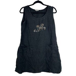 Focus USA Black Womens Dress 100% Linen Jumper W/Embroidered Detail Sleeveless